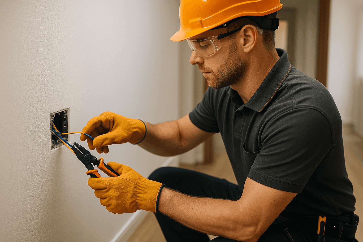 Professional residential electrician wearing safety gear working with electrical wiring in a clean home