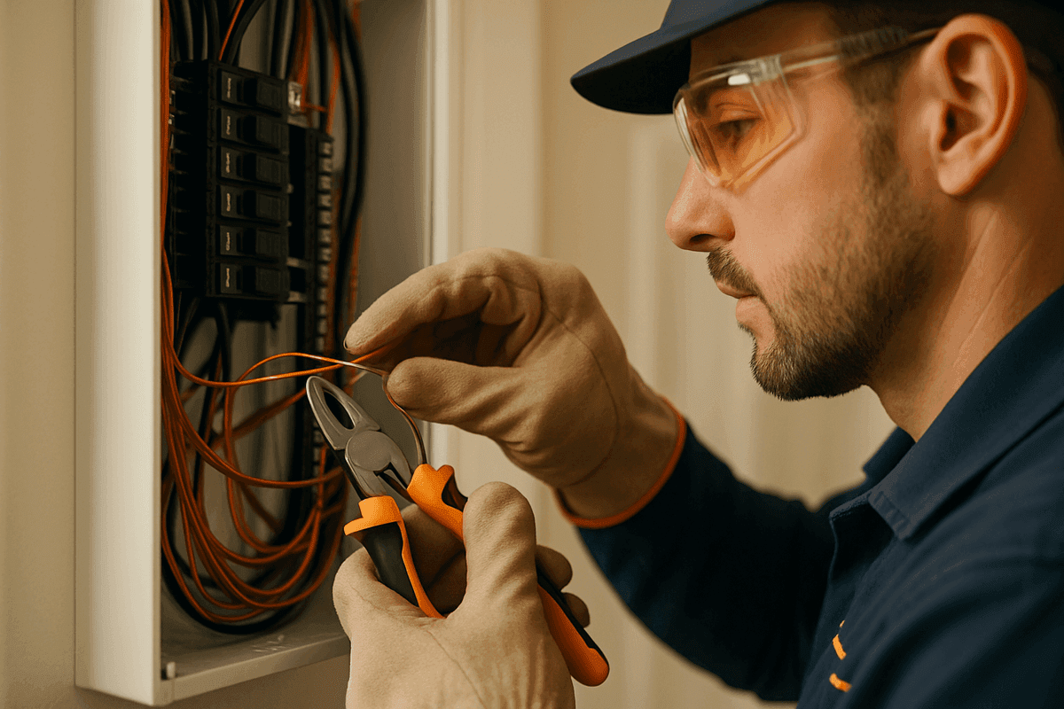 Close-up of electrician’s gloved hands connecting copper wires inside a residential electrical panel